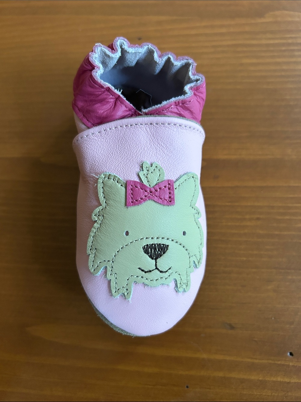 Robeez Pink Leather Slip-On Shoe with Green Puppy Appliqué